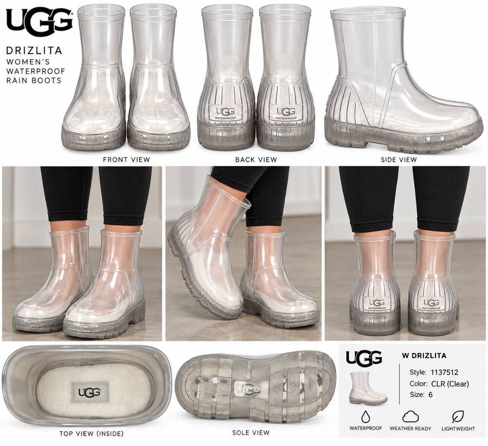 UGG Drizlita Clear Waterproof Rain Boots Women's Size 6 1137512 Fuzzy Insole